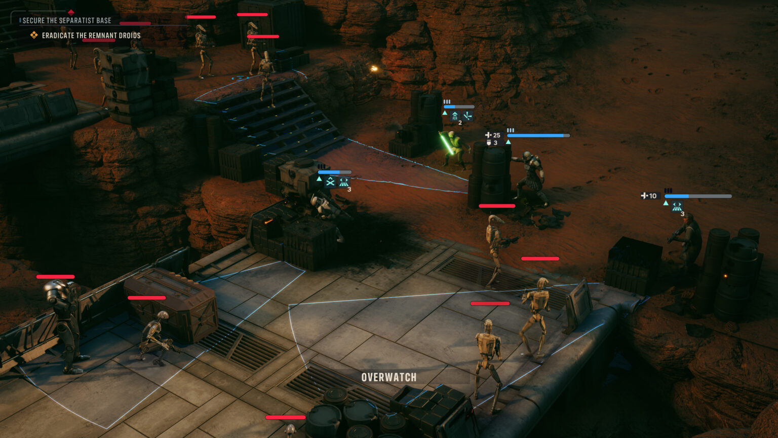 An isometric tactical gameplay screenshot from Star Wars: Zero Company showing player characters engaging in combat against B1 battle droids on a rocky, desert terrain. Blue cones grid the area indicating character sightlines and overwatch ranges, with objective text in the top-left corner reading "SECURE THE SEPARATIST BASE".   