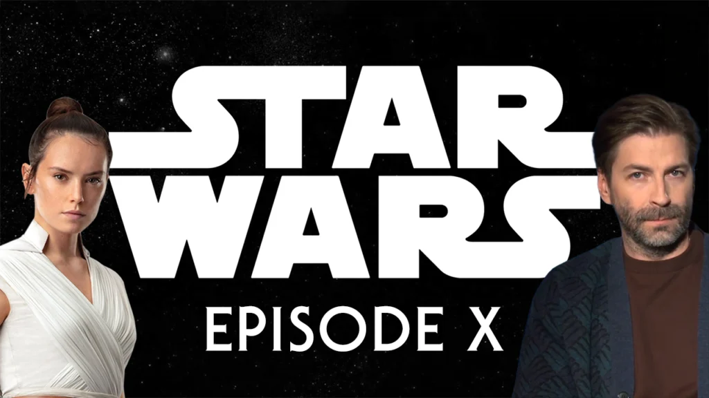 Rey, wearing her white Jedi tunic, stands on the left alongside director Jon Watts on the right. In the center, set against a starry space background, is the white Star Wars Episode X logo.