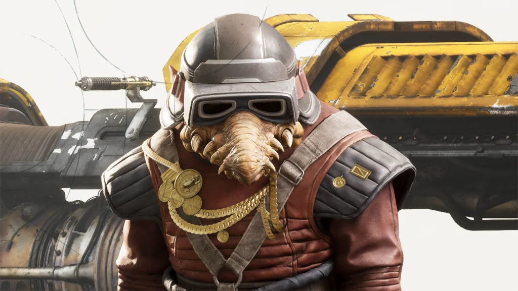 A close-up portrait shows Biddy Blas, a Crocin podracer from Star Wars: Galactic Racer, wearing a dark helmet, visor goggles, and maroon racing attire adorned with gold chains and medals. Behind him, part of a yellow speeder is visible against a bright white background.