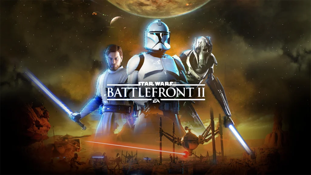 Fan art for Star Wars Battlefront 3 featuring Obi-Wan Kenobi, a clone trooper, and General Grievous. The characters stand against a smoky battlefield backdrop with the game's title logo centered between them.